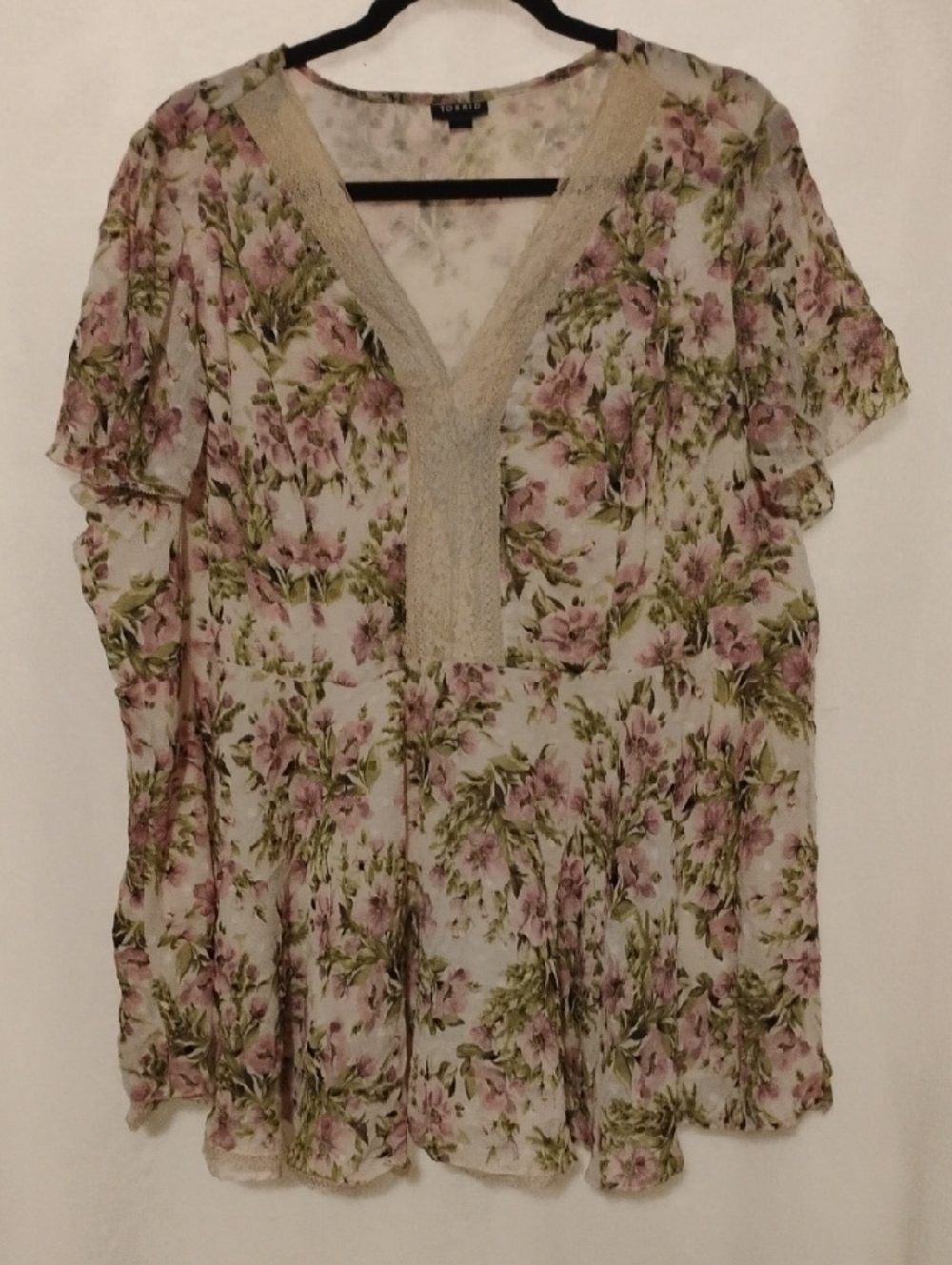 Torrid Papaya Pink & Green Floral Lace-Trim Tunic Size 3
